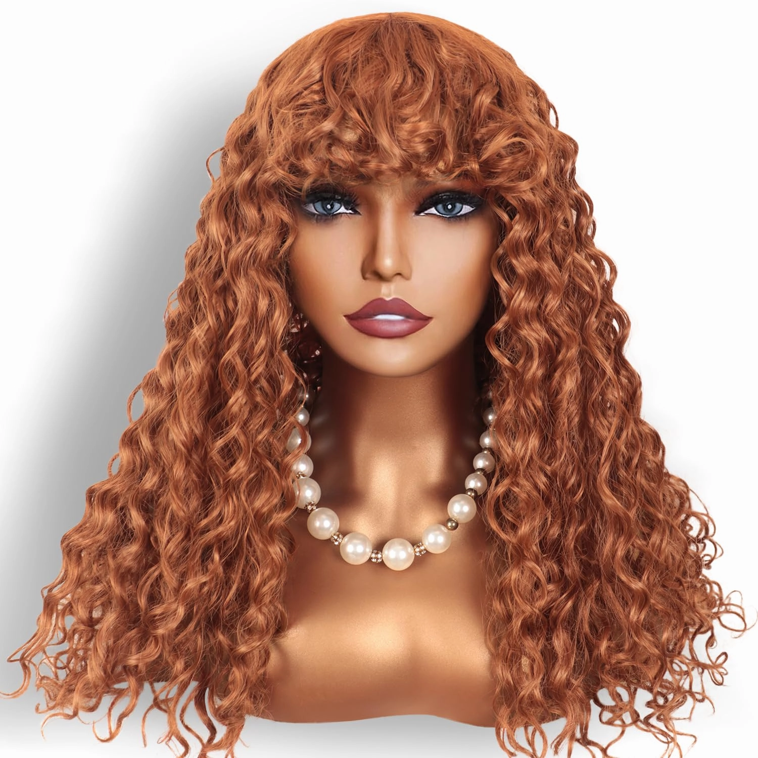 Limerence Copper Red Curly Wig with Bangs for Black Women，Curly Bangs Wigs for Women Long Curly Wig 20 inch for Daily Use