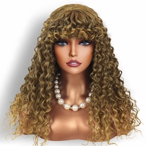Limerence Curly Wigs for Black Women， Long Highlight Blonde Curly Afro Wig with Bangs for Women 20 inch for Daily Use