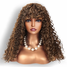 Limerence Highlight Brown Curly Wig with Bangs for Black Women，Glueless Bangs Wigs for Women Long Kinky Curly Wig 20 inch for Daily Use