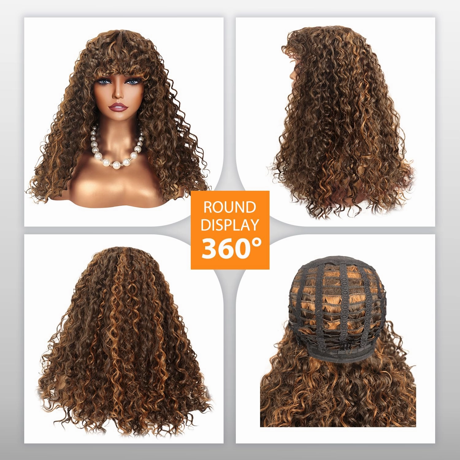 Limerence Highlight Brown Curly Wig with Bangs for Black Women，Glueless Bangs Wigs for Women Long Kinky Curly Wig 20 inch for Daily Use