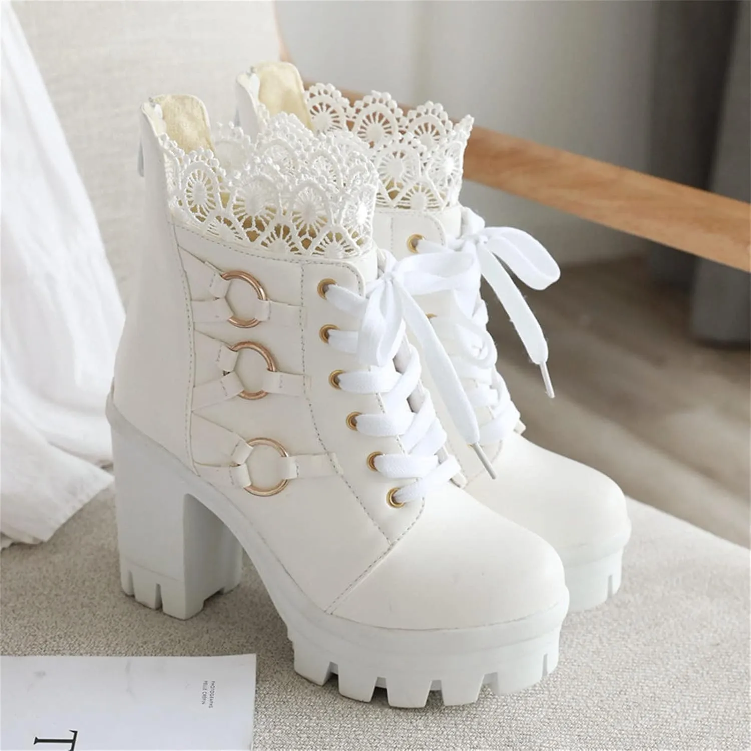 Lolita Chunky Platform Shoes Cute Sweet Block Heels Mary Jane Shoes Ankle Boots Goth Punk Round Toe Combat Boots