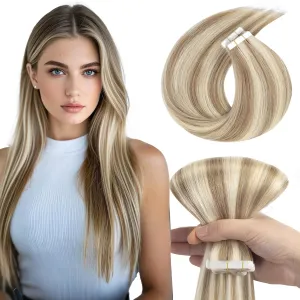 Loxxy 20inch Human Hair Tape in Extensions Balayage Piano Medium Brown Mixed With Platinum Blonde Natural Hair Tape in Hair Extensions Real Human Hair Silky Straight 20pcs 50g