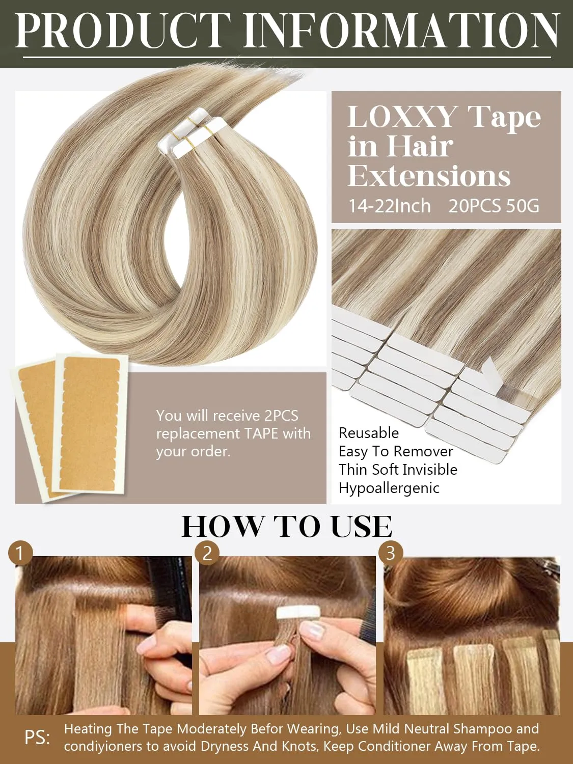 Loxxy 20inch Human Hair Tape in Extensions Balayage Piano Medium Brown Mixed With Platinum Blonde Natural Hair Tape in Hair Extensions Real Human Hair Silky Straight 20pcs 50g