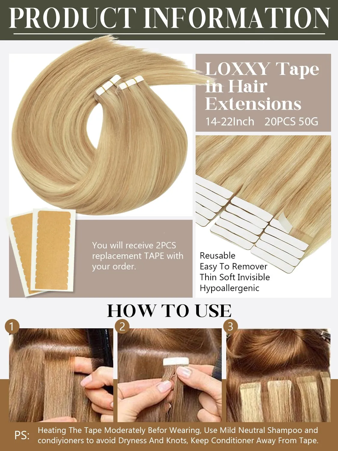 Loxxy Blonde Tape in Extensions Human Hair Piano Light Golden Brown Mixed With Platinum Blonde Brazilian Human Tape in Hair Extensions Thick Hair Seamless Long Double Sided 20inch 20pcs 50g P#12/60A