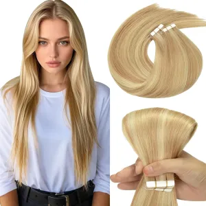Loxxy Blonde Tape in Extensions Human Hair Piano Light Golden Brown Mixed With Platinum Blonde Brazilian Human Tape in Hair Extensions Thick Hair Seamless Long Double Sided 20inch 20pcs 50g P#12/60A