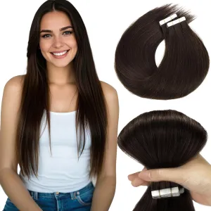 Loxxy Human Hair Tape in Extensions 20pcs 50gram Darkest Brown Color Tape in Hair Extensions Human Hair Black Women Double Sided Invisible Long Silky Straight Hair Extensions 20 Inch