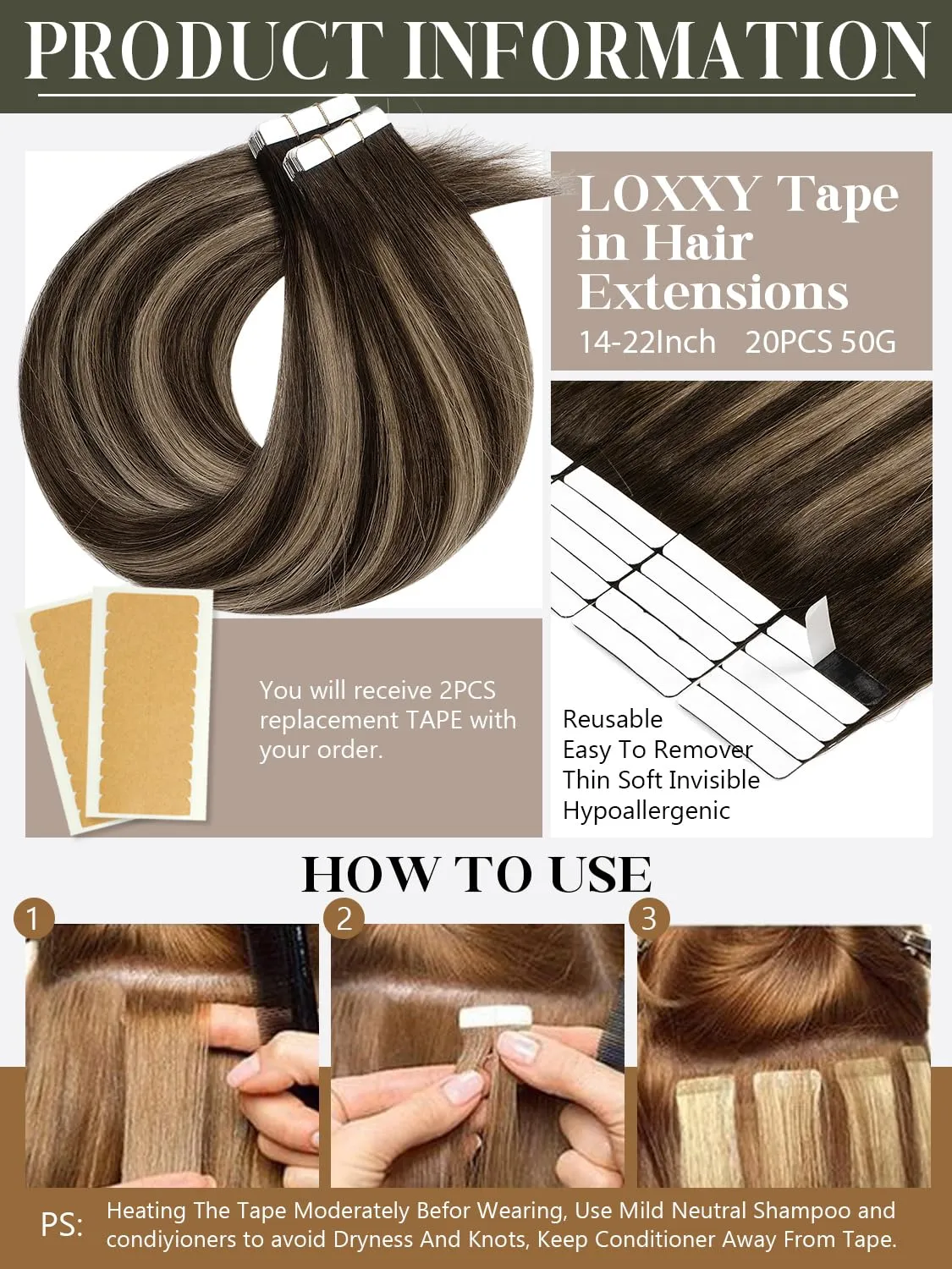 Loxxy Tape in Human Hair Extensions 20 Inch Double Sided Seamless Skin Weft Tape in Hair Extensions 20 Pcs 50g Dark Brown Roots Mixed Chestnut Brown Reusable Hair Extension for Thin Hair R2-2/6