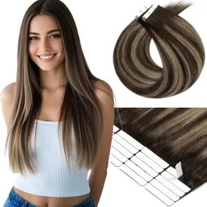 Loxxy Tape in Human Hair Extensions 20 Inch Double Sided Seamless Skin Weft Tape in Hair Extensions 20 Pcs 50g Dark Brown Roots Mixed Chestnut Brown Reusable Hair Extension for Thin Hair R2-2/6