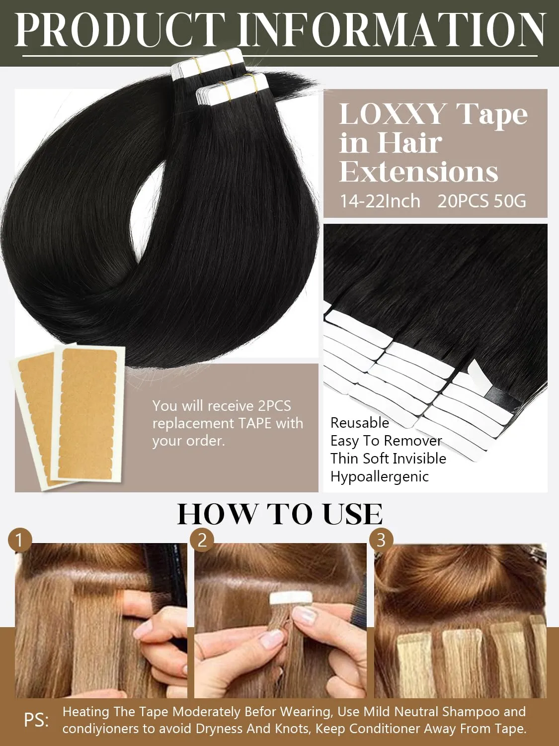 Loxxy Tape in Human Hair Extensions 20 Inch Natural Black Straight Remy Hair Extensions Tape in Invisible Virgin Hair for Women Double Sided Skin Weft 20pcs 50gram