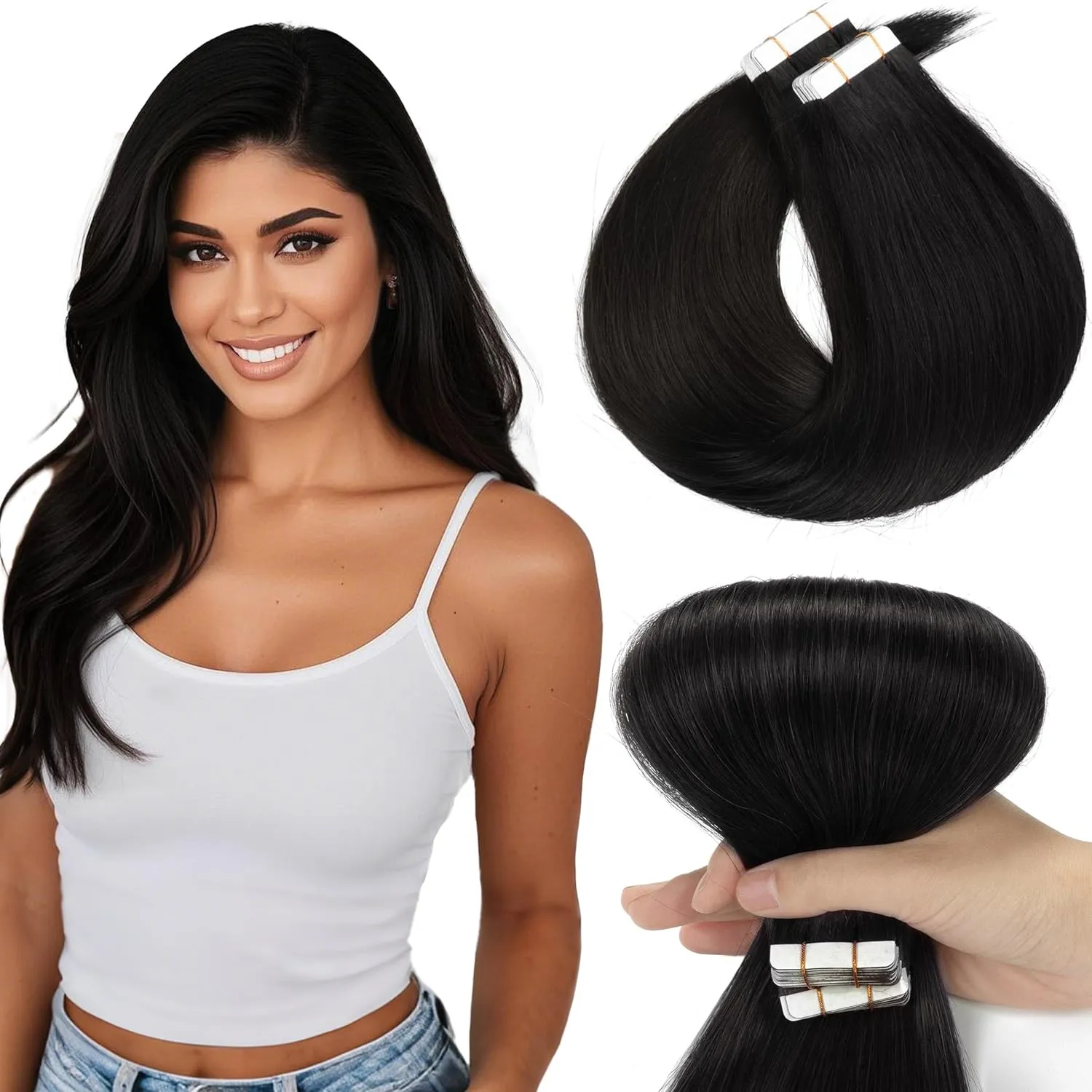 Loxxy Tape in Human Hair Extensions 20 Inch Natural Black Straight Remy Hair Extensions Tape in Invisible Virgin Hair for Women Double Sided Skin Weft 20pcs 50gram