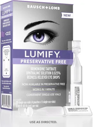 LUMIFY Preservative Free Eye Drops for Red Eyes, Redness Reliever for Sensitive Eyes, Brightens & Whitens, Works in 1 Minute & Lasts Up to 8 Hours, 20 Single-Use Eye Drop Vials
