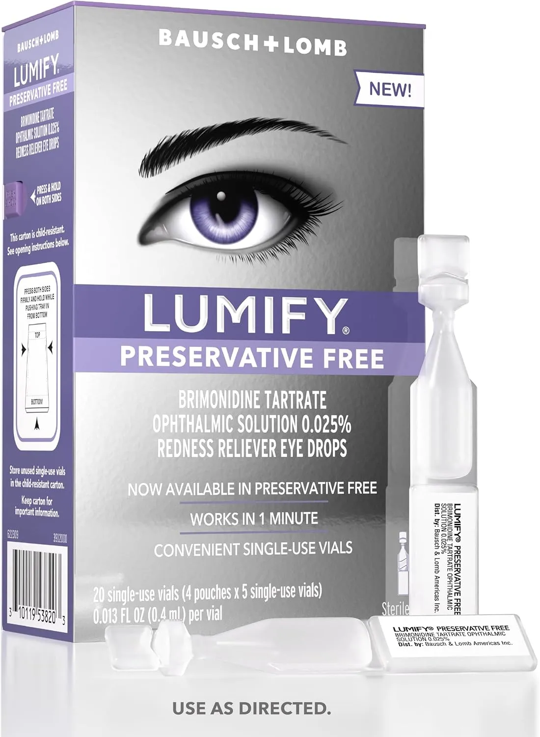 LUMIFY Preservative Free Eye Drops for Red Eyes, Redness Reliever for Sensitive Eyes, Brightens & Whitens, Works in 1 Minute & Lasts Up to 8 Hours, 20 Single-Use Eye Drop Vials