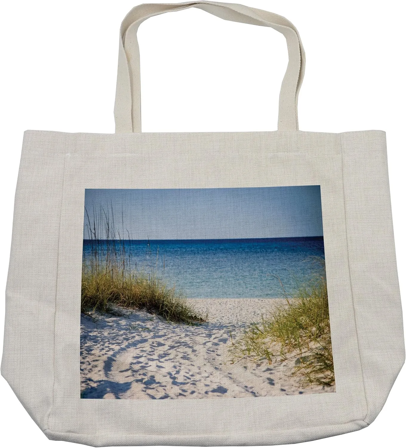 Lunarable Beach Shopping Bag, Path to Beach Clear Sky Bushes Grasses Windy Sunny Day Peaceful Gulf of Mexico, Eco-Friendly Reusable Bag for Groceries Beach and More, 15.5" X 14.5", Cream