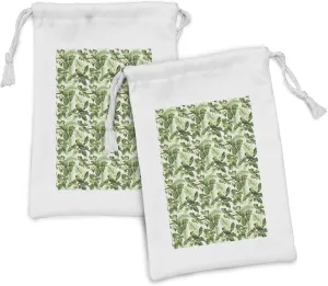 Lunarable Green Fabric Pouch Set of 2, Exotic Tropic Pattern with Palm Leaves Breadfruits Plumeria Flowers and Parrots, Small Drawstring Bag for Toiletries Masks and Favors, 9" x 6", Lime Green Cream