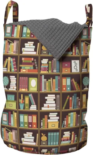 Lunarable Science Laundry Bag, Books on Box Formed Bookshelves Volume Encyclopedia and Stationery Elements, Hamper Basket with Handles Drawstring Closure for Laundromats, 13" x 19", Multicolor