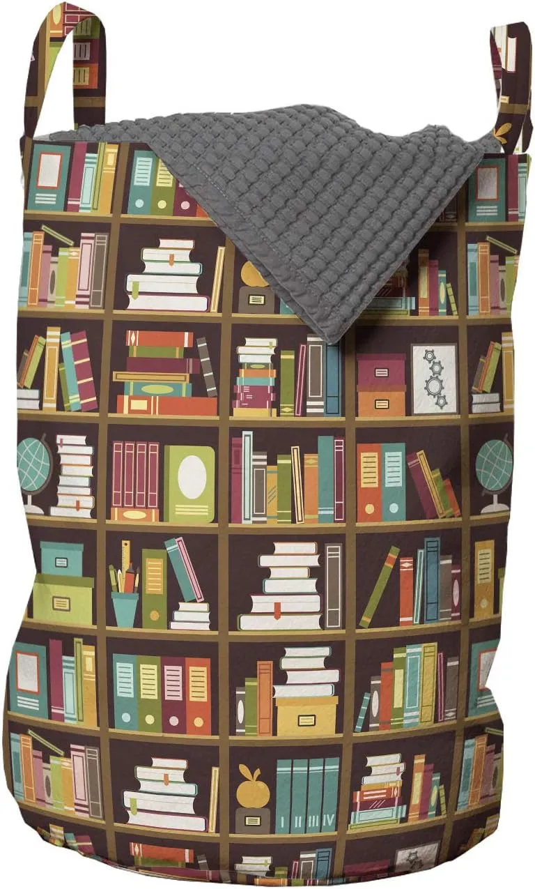 Lunarable Science Laundry Bag, Books on Box Formed Bookshelves Volume Encyclopedia and Stationery Elements, Hamper Basket with Handles Drawstring Closure for Laundromats, 13" x 19", Multicolor