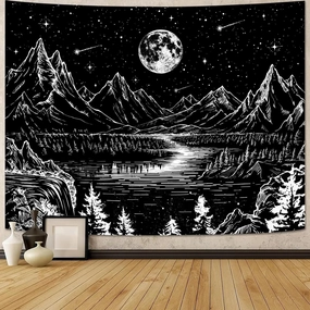 Lunerfex Moon Mountain Wall Tapestry - Celestial Landscape for Bedroom and Living Room Decor - Black and White - 6080 Inches