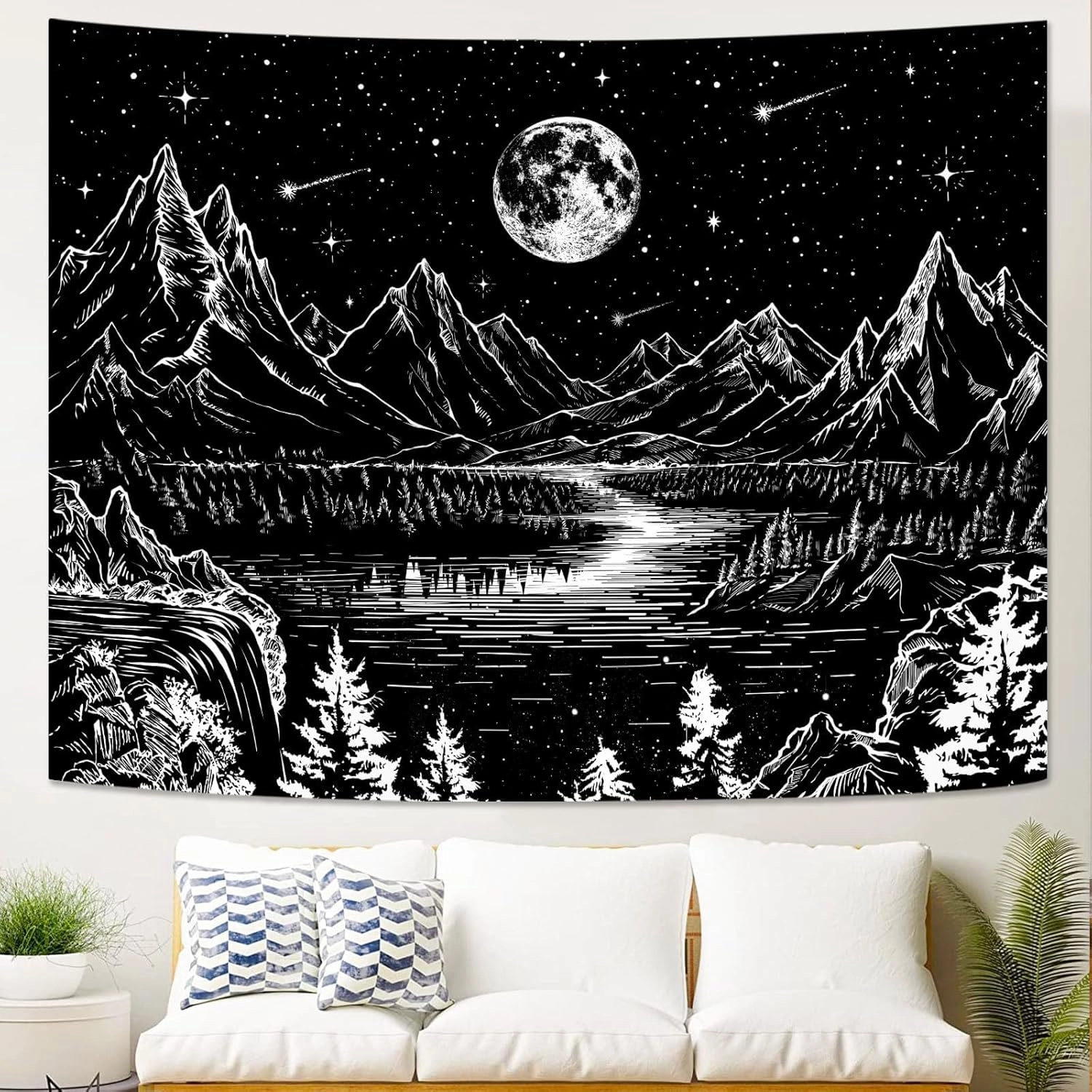 Lunerfex Moon Mountain Wall Tapestry - Celestial Landscape for Bedroom and Living Room Decor - Black and White - 6080 Inches