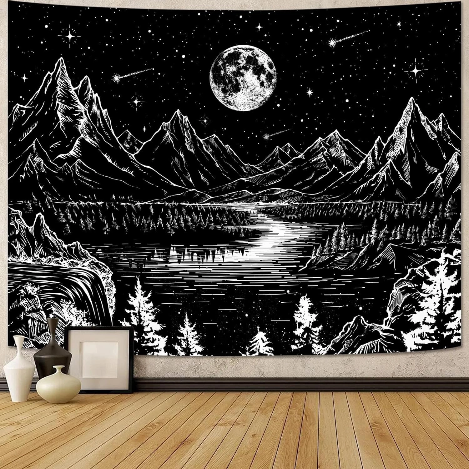 Lunerfex Moon Mountain Wall Tapestry - Celestial Landscape for Bedroom and Living Room Decor - Black and White - 6080 Inches