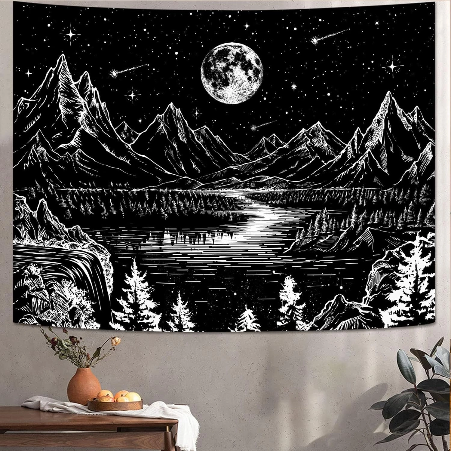 Lunerfex Moon Mountain Wall Tapestry - Celestial Landscape for Bedroom and Living Room Decor - Black and White - 6080 Inches
