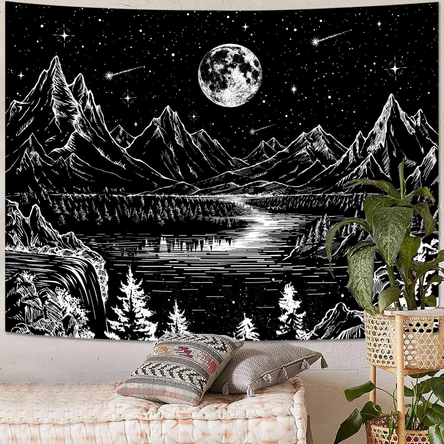 Lunerfex Moon Mountain Wall Tapestry - Celestial Landscape for Bedroom and Living Room Decor - Black and White - 6080 Inches