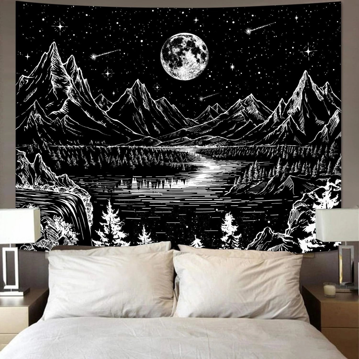 Lunerfex Moon Mountain Wall Tapestry - Celestial Landscape for Bedroom and Living Room Decor - Black and White - 6080 Inches