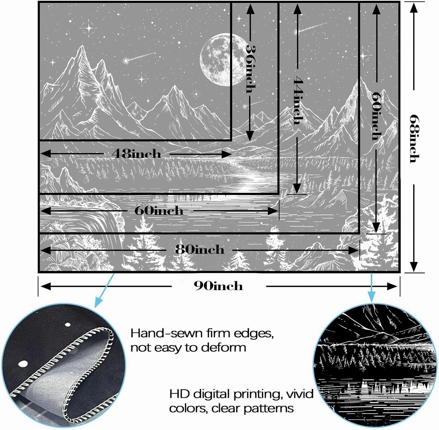 Lunerfex Moon Mountain Wall Tapestry - Celestial Landscape for Bedroom and Living Room Decor - Black and White - 6080 Inches