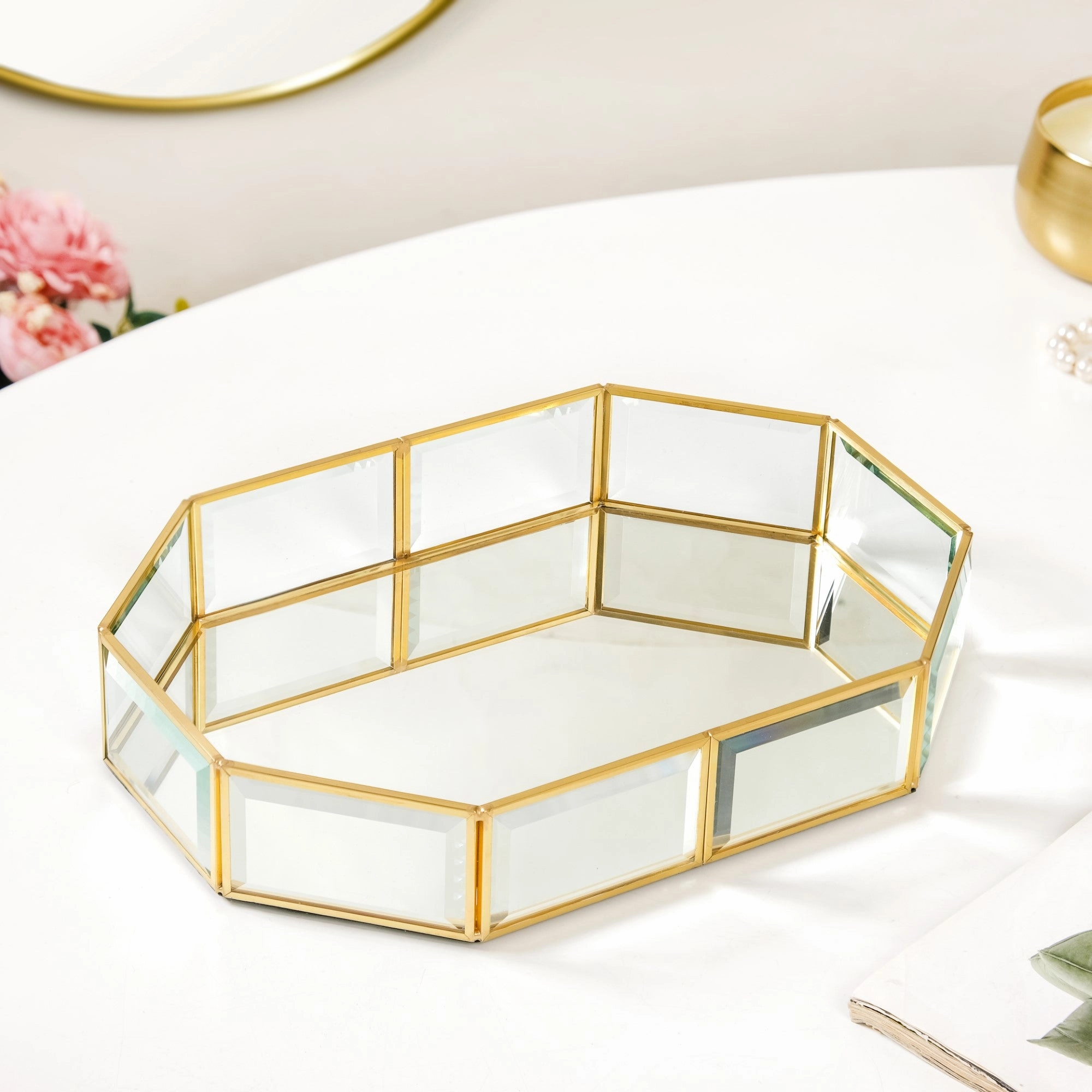Luxe Geometric Mirror Vanity Tray Gold