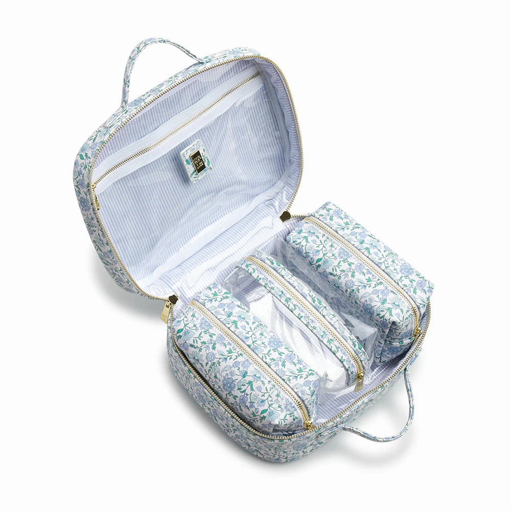 LUXE TRVL2 Cosmetic Toiletry Case - HAMPTONS FLORAL with Chambray Pinstripe Liner