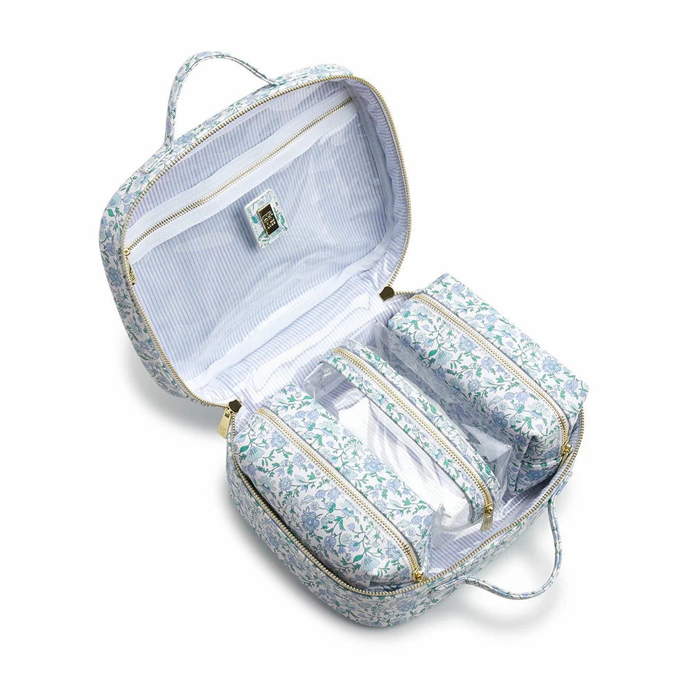 LUXE TRVL2 Cosmetic Toiletry Case - HAMPTONS FLORAL with Chambray Pinstripe Liner