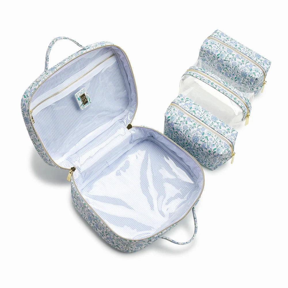 LUXE TRVL2 Cosmetic Toiletry Case - HAMPTONS FLORAL with Chambray Pinstripe Liner