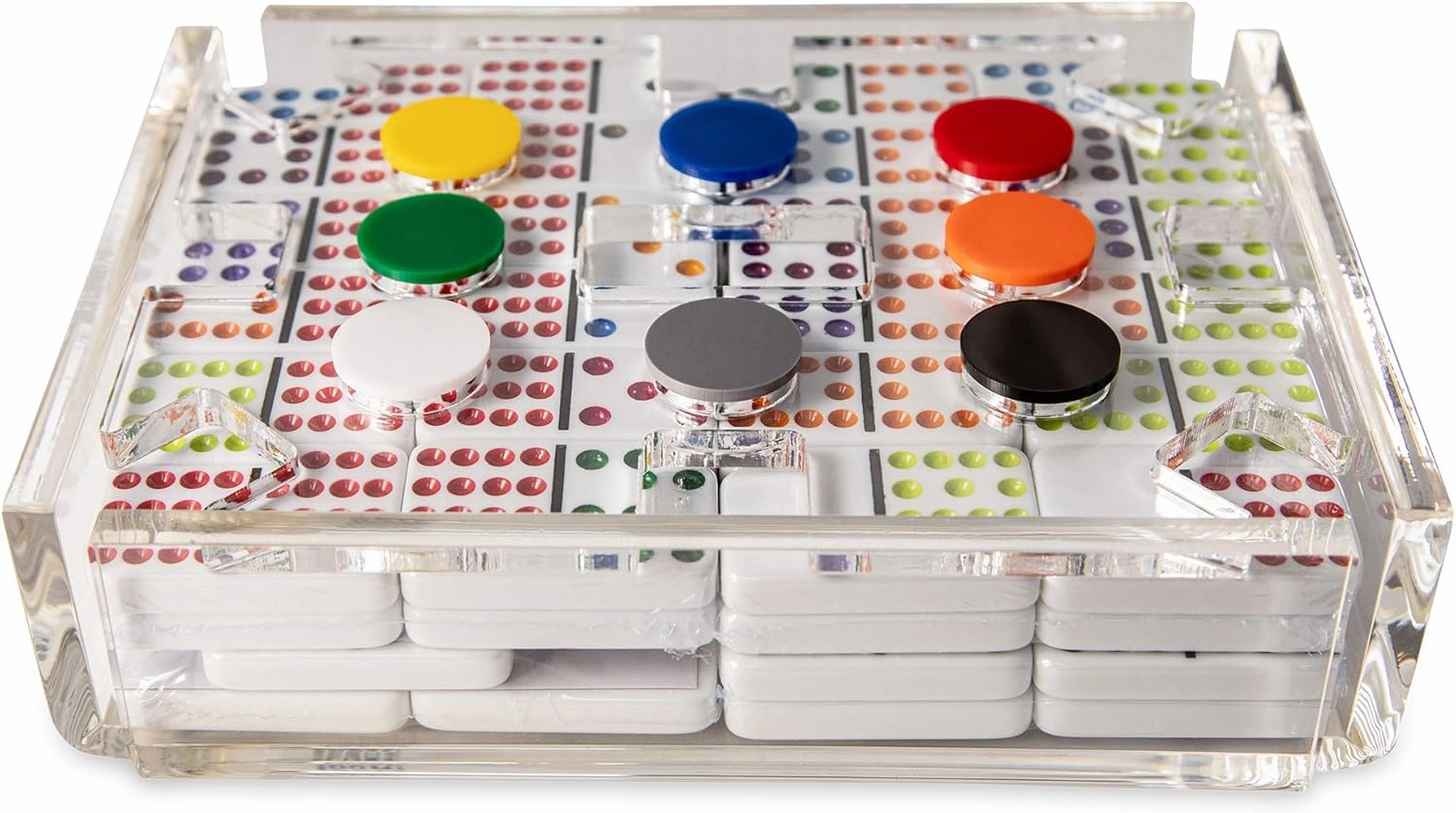 LuxeDominoes Mexican Train Dominoes Set, Acrylic Dominoes Set Mexican Train, Modern Mexican Dominoes Set for Adults, Dominoes Double 12 Mexican Train, Deluxe Double 12 Dominoes Set (Clear)