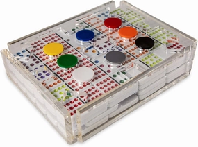 LuxeDominoes Mexican Train Dominoes Set, Acrylic Dominoes Set Mexican Train, Modern Mexican Dominoes Set for Adults, Dominoes Double 12 Mexican Train, Deluxe Double 12 Dominoes Set (Clear)