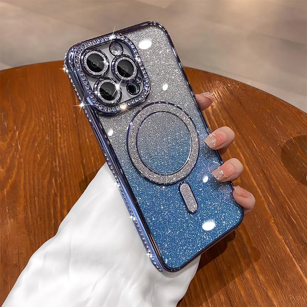LXK Magnetic Glitter Case for iPhone 16 Pro 6.3" [Compatible with MagSafe] Military-Grade Protection, Clear Cute Glitter Bling Cover Sparkle Diamond Camera Protector Cover for Women Girls, Blue