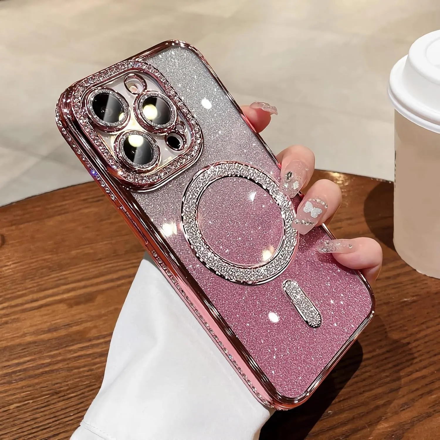 LXK Magnetic Glitter Case for iPhone 16 Pro 6.3" [Compatible with MagSafe] Military-Grade Protection, Clear Cute Glitter Bling Cover Sparkle Diamond Camera Protector Cover for Women Girls, Pink