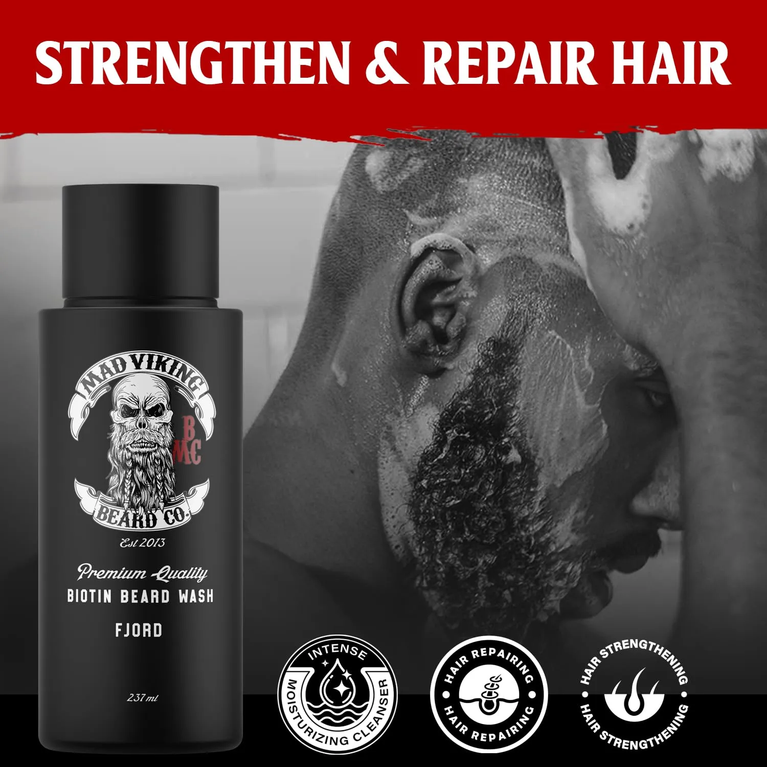 Mad Viking Fjord Biotin Beard Wash – Moisturizing Cleanse - Grow a Healthy Beard - Made with Premium Ingredients to Fight Itch and Dandruff - Crisp Clean Citrus & Woodsy Scent, Made in the USA - 8oz