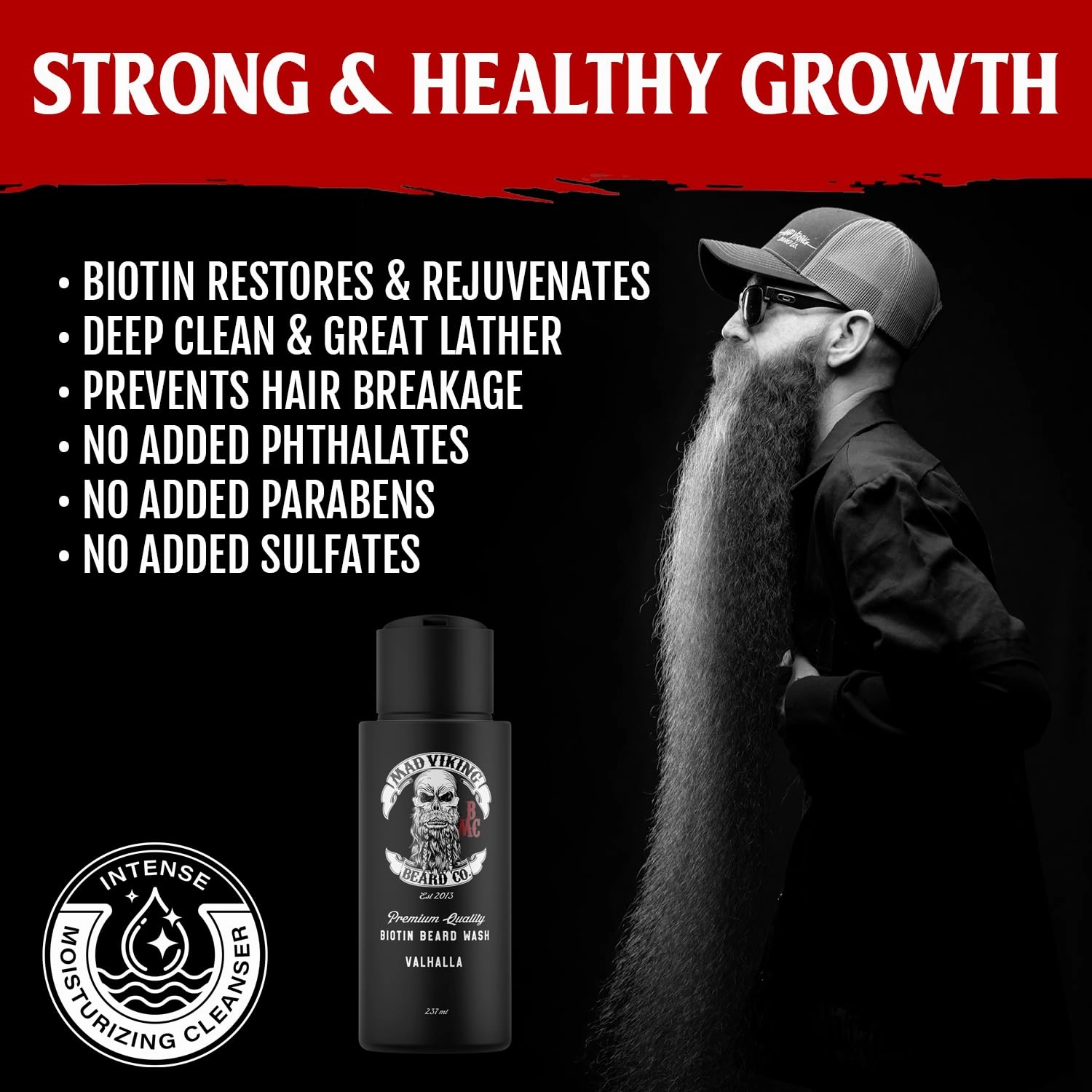 Mad Viking Valhalla Biotin Beard Wash – Deep Moisturizing Cleanse - Grow a Healthy Beard - Made with Premium Ingredients to Fight Itch and Dandruff - Sandalwood & Vanilla Scent, Made in the USA - 8oz