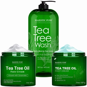 Majestic Pure Tea Tree Body Wash, Tea Tree Foot Cream, & Tree Tea Face Cream Bundle