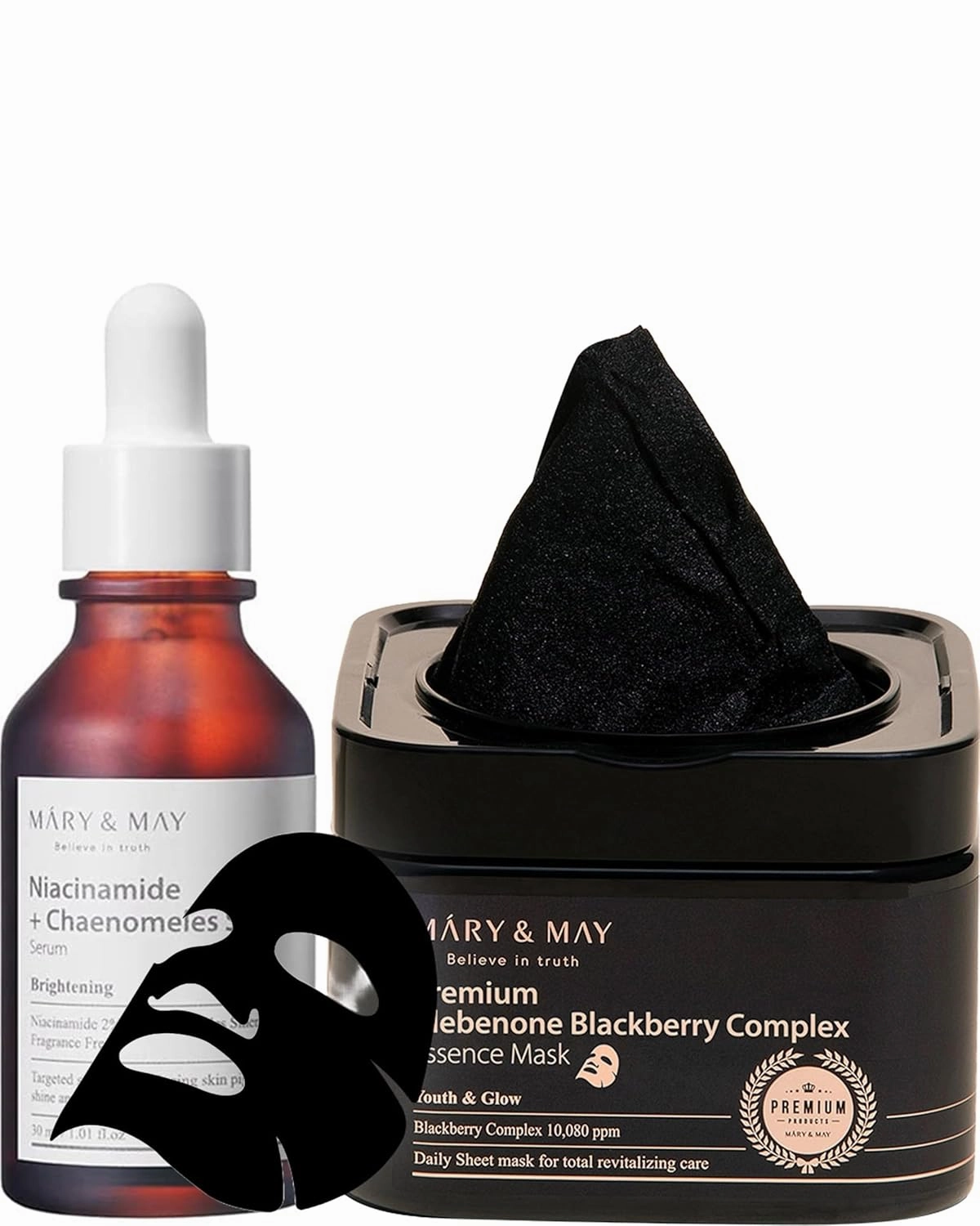 Mary&May Niacinamide   Chaenomeles Sinensis Face Serum   Premium Idebenone Blackberry Complex Essence Mask Bundle