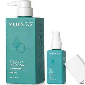 Medix 20% Glycolic Acid Booster   Exfoliating Body Wash Cleanser Skin Care 2PC Set | AHA Exfoliant Cleanser   Body Serum Both Refine   Soften Dead Dry Skin, Bumps, Wrinkles, & Fine Lines, Bundle