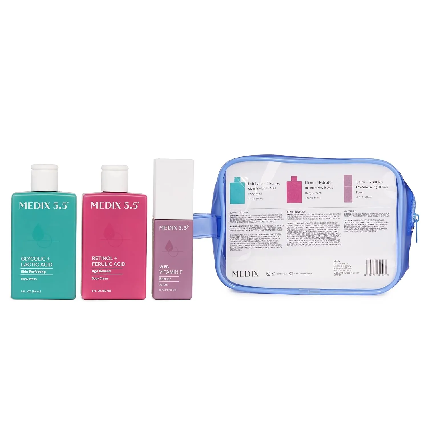 MEDIX 5.5 Best Sellers Travel Kit Skin Care Set - Retinol Body Lotion   Glycolic Acid Exfoliating Body Wash   20% Vitamin F Body Oil 3PC Skincare Set | Crepey Skin Care Treatment, 3 Piece Travel Kit