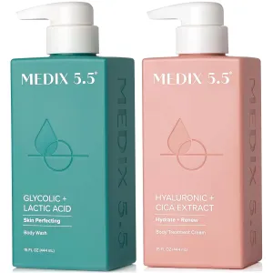 Medix 5.5 Exfoliating AHA Glycolic Acid Face & Body Wash Cleanser   Hyaluronic Acid Moisturizing Body Cream Lotion Skin Care 2PC Set | Alpha Hydroxy Acid & Lactic Acid Foaming Face Wash