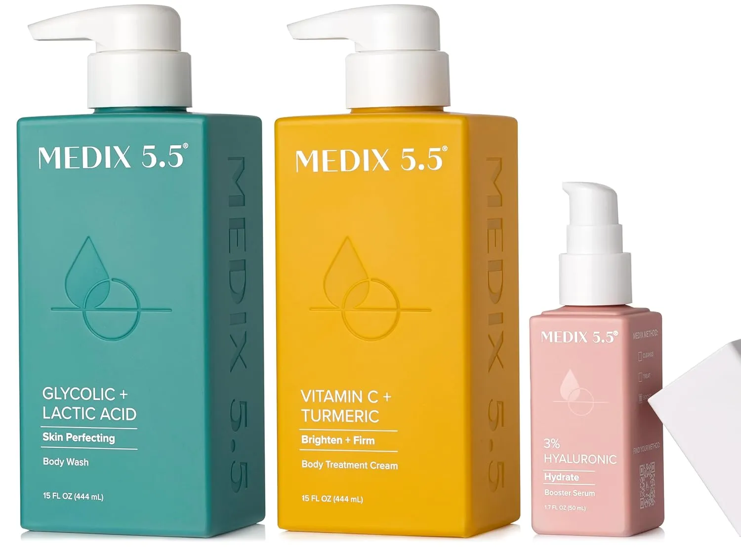 Medix 5.5 Vitamin C Body Cream   Glycolic Acid Exfoliating Body Wash   3% Hyaluronic Acid Hydrating Booster Serum Set