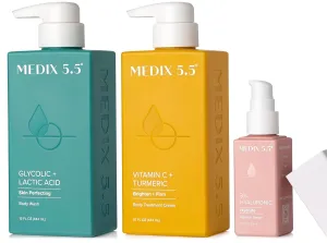 Medix 5.5 Vitamin C Body Cream   Glycolic Acid Exfoliating Body Wash   3% Hyaluronic Acid Hydrating Booster Serum Set