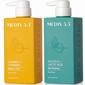 Medix 5.5 Exfoliating AHA Glycolic Acid Face & Body Wash Cleanser   Vitamin C Moisturizing Body Cream Lotion Skin Care 2PC Set | Alpha Hydroxy Acid & Lactic Acid Foaming Face Wash, 2-PC
