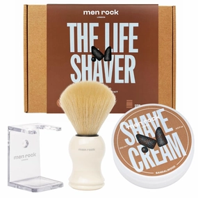 Men Rock The Life Shaver Gift Set – Barber Standard Wet Shave Kit with 100ml Shave Cream, Synthetic Shaving Brush, Drip Stand – Sandalwood & Spicy Black Pepper Fragrance