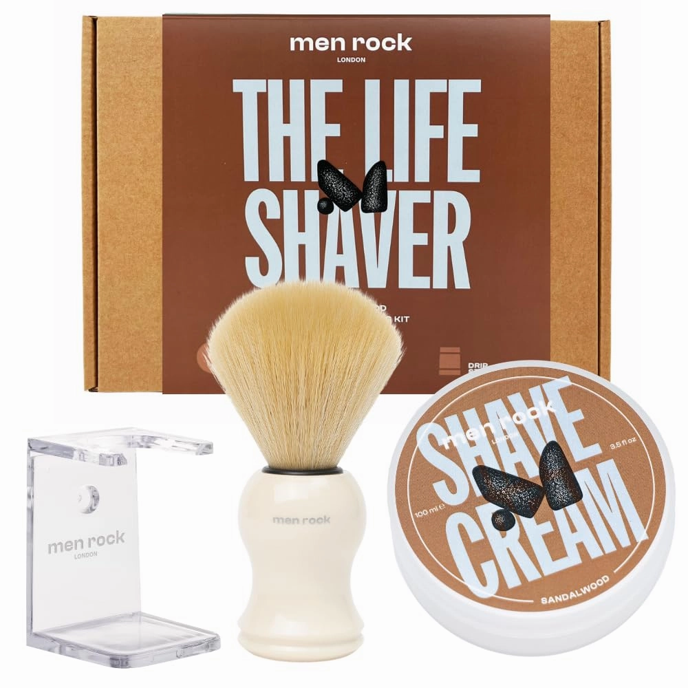 Men Rock The Life Shaver Gift Set – Barber Standard Wet Shave Kit with 100ml Shave Cream, Synthetic Shaving Brush, Drip Stand – Sandalwood & Spicy Black Pepper Fragrance