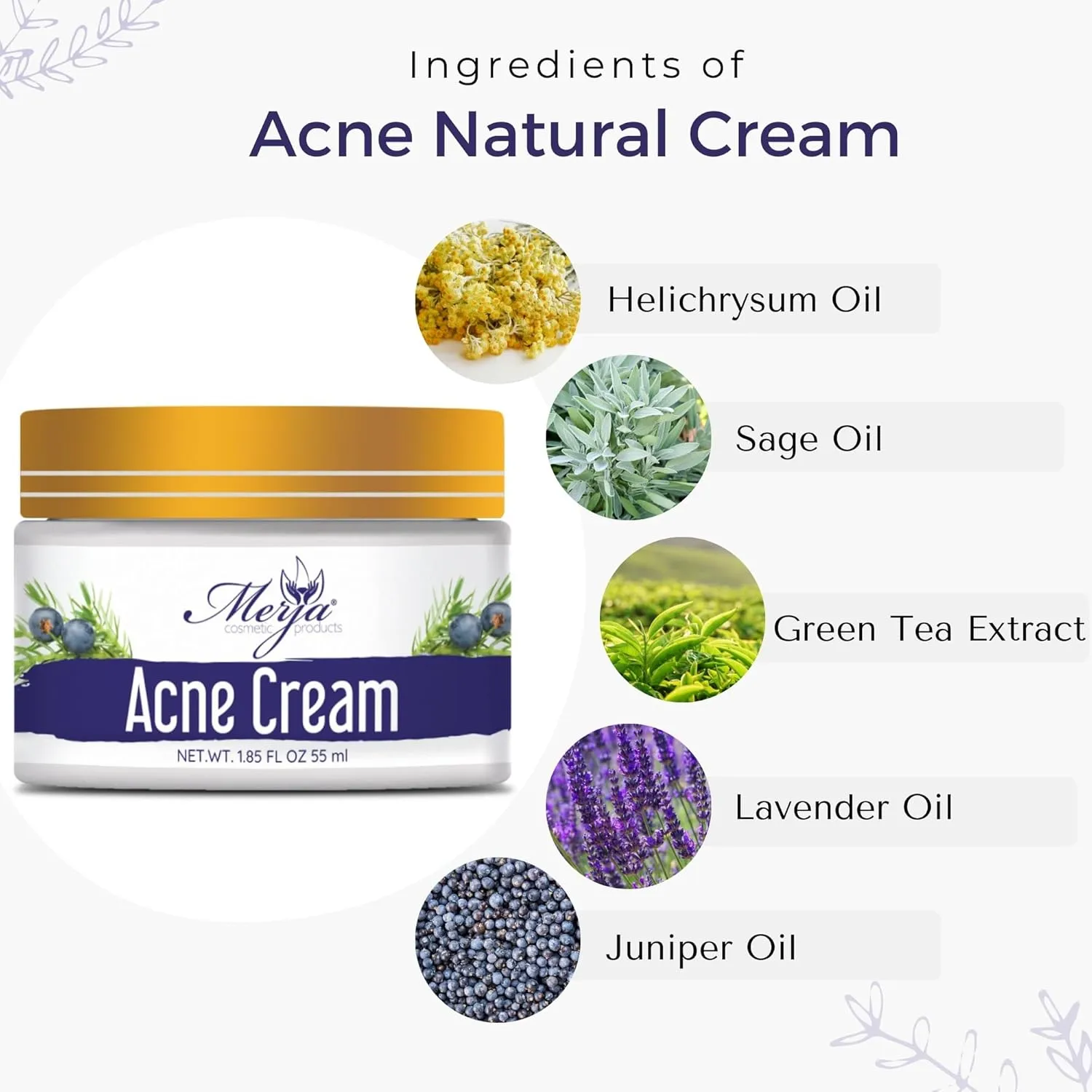 Merja Herbs Natural Anti Acne Face Moisturizer Cream with Helichrysum, Sage, Green tea, Lavender, Salicylic acid - Moisturizing Cream - Light Floral Fragrance 55ml 1.86oz