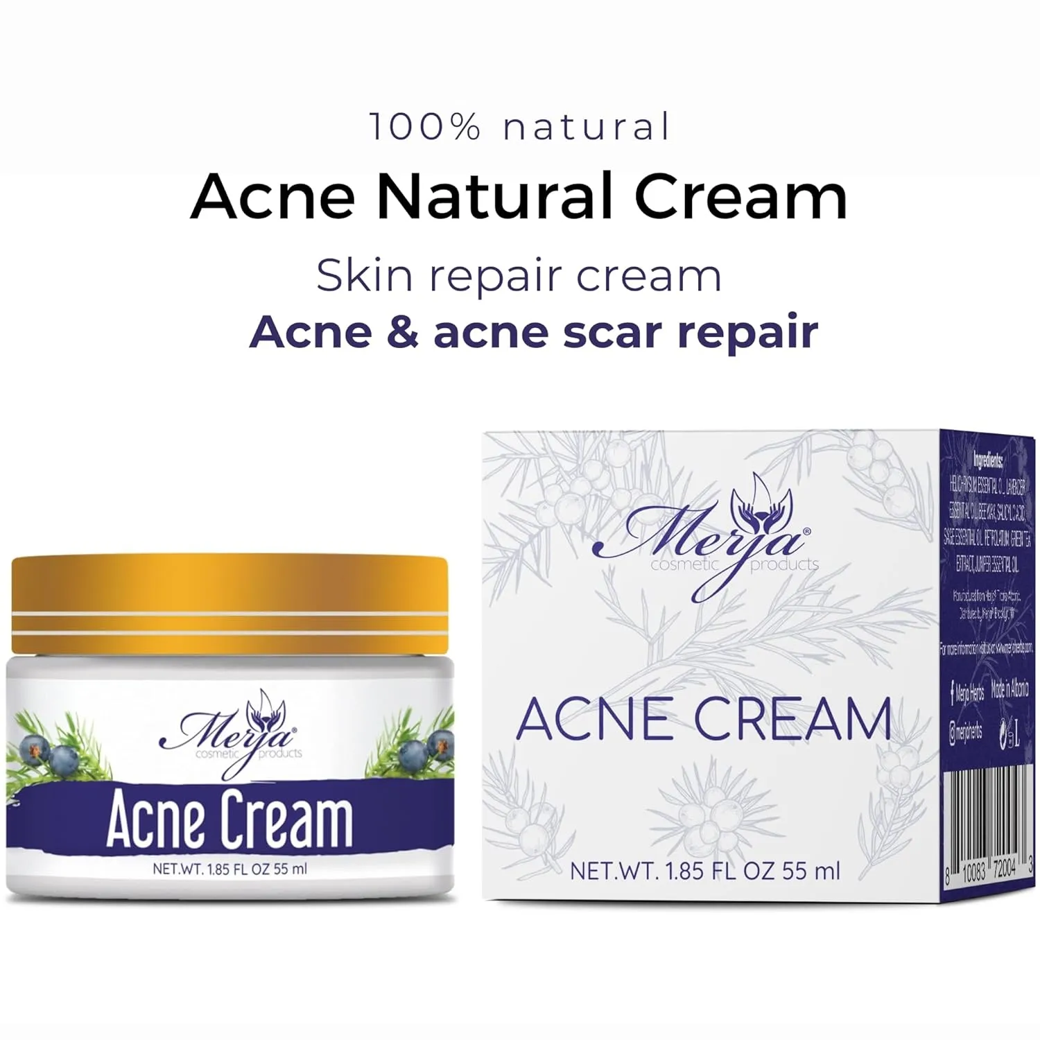 Merja Herbs Natural Anti Acne Face Moisturizer Cream with Helichrysum, Sage, Green tea, Lavender, Salicylic acid - Moisturizing Cream - Light Floral Fragrance 55ml 1.86oz