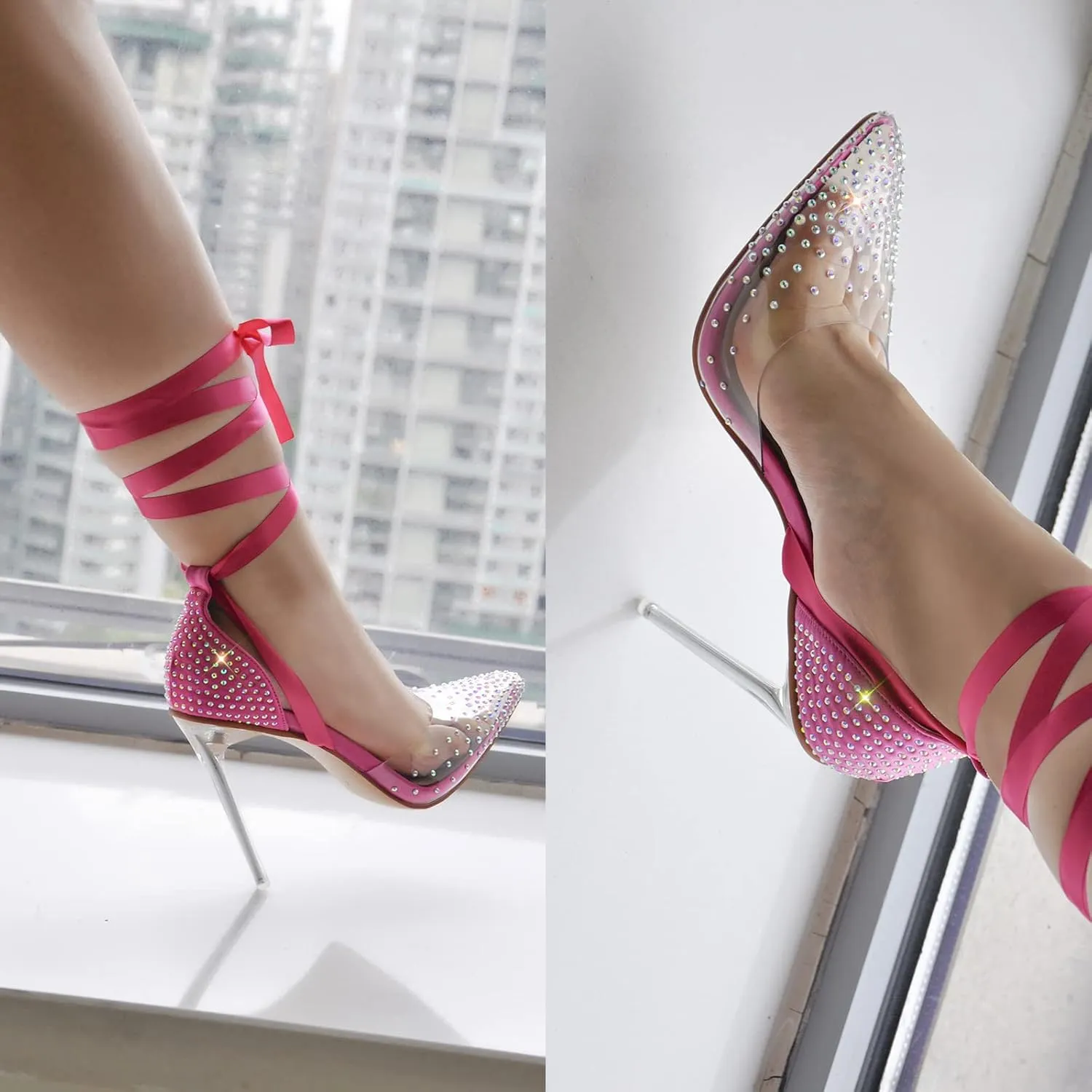 MissHeel Clear and Black Pump Heels Sandals with Rhinestones